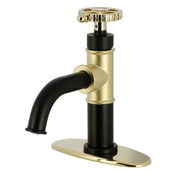 Kingston Brass KSD2822CG Fuller One-Handle Single-Hole Bathroom Faucet with Deck Plate and Push Pop-Up Drain, Matte Black/Polished Brass