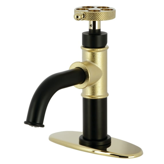 Kingston Brass KSD2822RKX Webb One-Handle Single-Hole Bathroom Faucet with Knurled Handle, Deck Plate, and Push Pop-Up Drain, Matte Black/Polished Brass