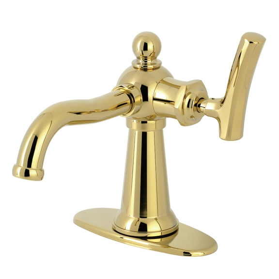 Kingston Brass KSD3542TKL Hallerbos One-Handle 1-Hole Bathroom Faucet with Deck Plate and Push Pop-Up Drain in Polished Brass