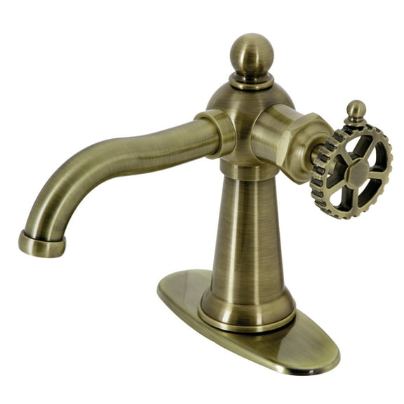 Kingston Brass KSD3543CG Fuller One-Handle Single-Hole Bathroom Faucet with Deck Plate and Push Pop-Up Drain, Antique Brass
