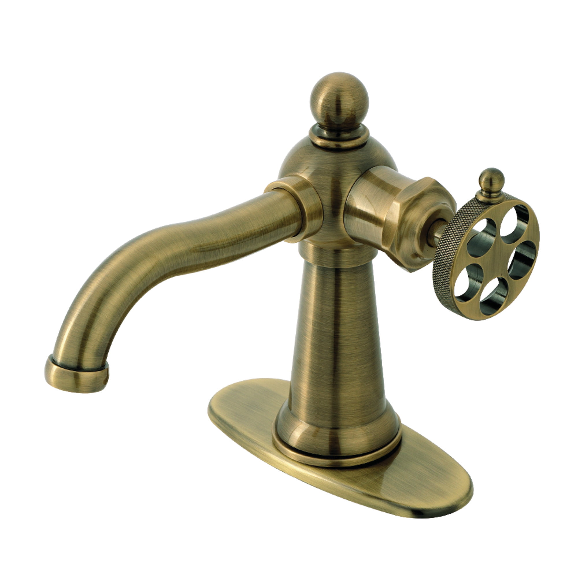 Kingston Brass KSD3543RKZ Wendell One-Handle Single-Hole Bathroom Faucet with Knurled Handle and Push Pop-Up Drain, Antique Brass