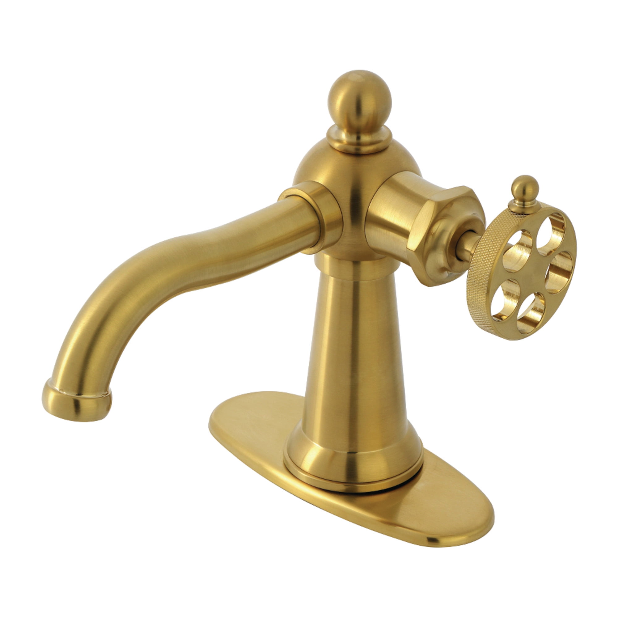 Kingston Brass KSD3547RKZ Wendell One-Handle Single-Hole Bathroom Faucet with Knurled Handle and Push Pop-Up Drain, Brushed Brass