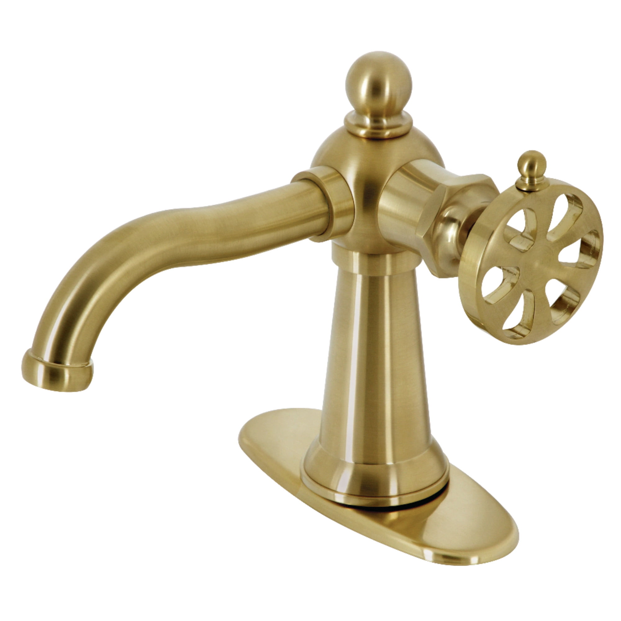 Kingston Brass KSD3547RX Belknap One-Handle Single-Hole Bathroom Faucet with Deck Plate and Push Pop-Up Drain, Brushed Brass