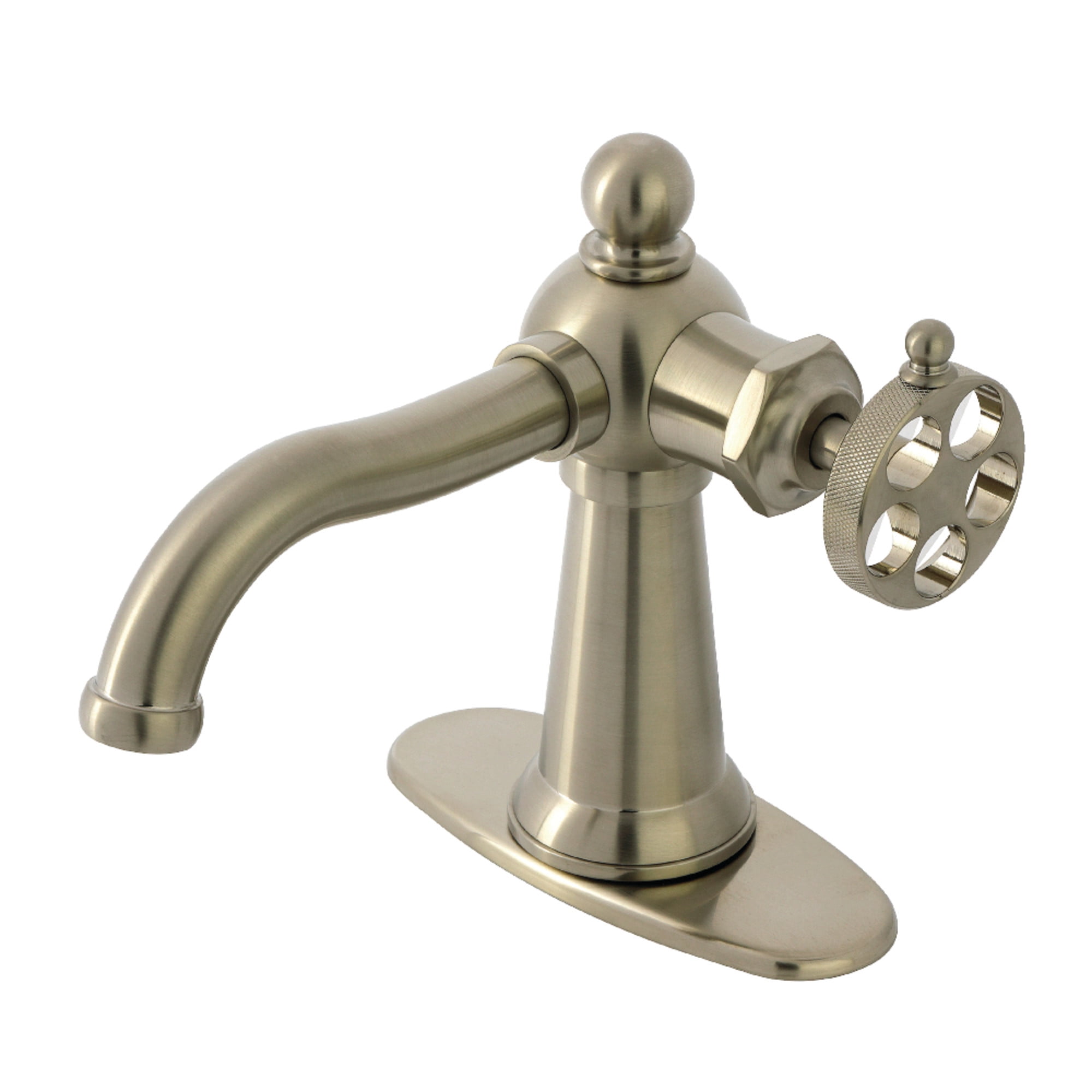 Kingston Brass KSD3548RKZ Wendell One-Handle Single-Hole Bathroom Faucet with Knurled Handle and Push Pop-Up Drain, Brushed Nickel