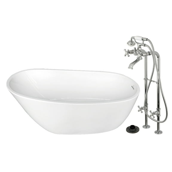 Kingston Brass KTRS5929266K1 59" Acrylic Oval Single Slipper Freestanding Tub with Faucet Combo and Drain, Glossy White/Polished Chrome