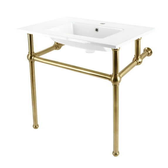 Kingston Brass KVBH312277 Templeton 31" Ceramic Console Sink with Brass Legs (1-Hole), White/Brushed Brass
