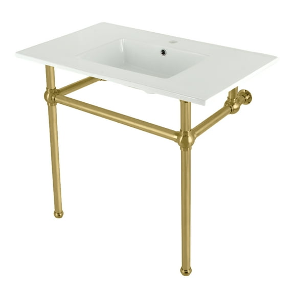 Kingston Brass KVBH37227BB Templeton 37" Ceramic Console Sink with Brass Legs (1-Hole), White/Brushed Brass
