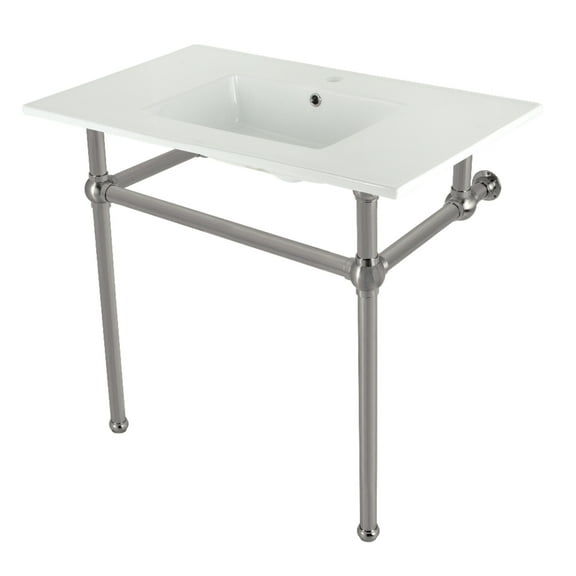 Kingston Brass KVBH37227BN Templeton 37" Ceramic Console Sink with Brass Legs (1-Hole), White/Brushed Nickel