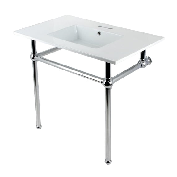 Kingston Brass KVBH37227W4C Templeton 37" Ceramic Console Sink with Brass Legs (4-Inch, 3-Hole), White/Polished Chrome