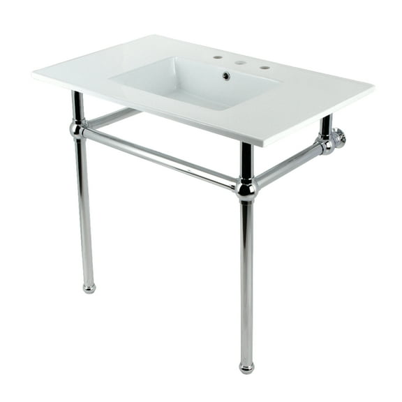 Kingston Brass KVBH37227W8C Templeton 37" Ceramic Console Sink with Brass Legs (8-Inch, 3-Hole), White/Polished Chrome