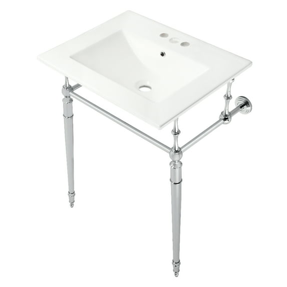 Kingston Brass KVPB24187W4CP Edwardian 24" Ceramic Console Sink with Brass Legs (4-Inch, 3-Hole), White/Polished Chrome