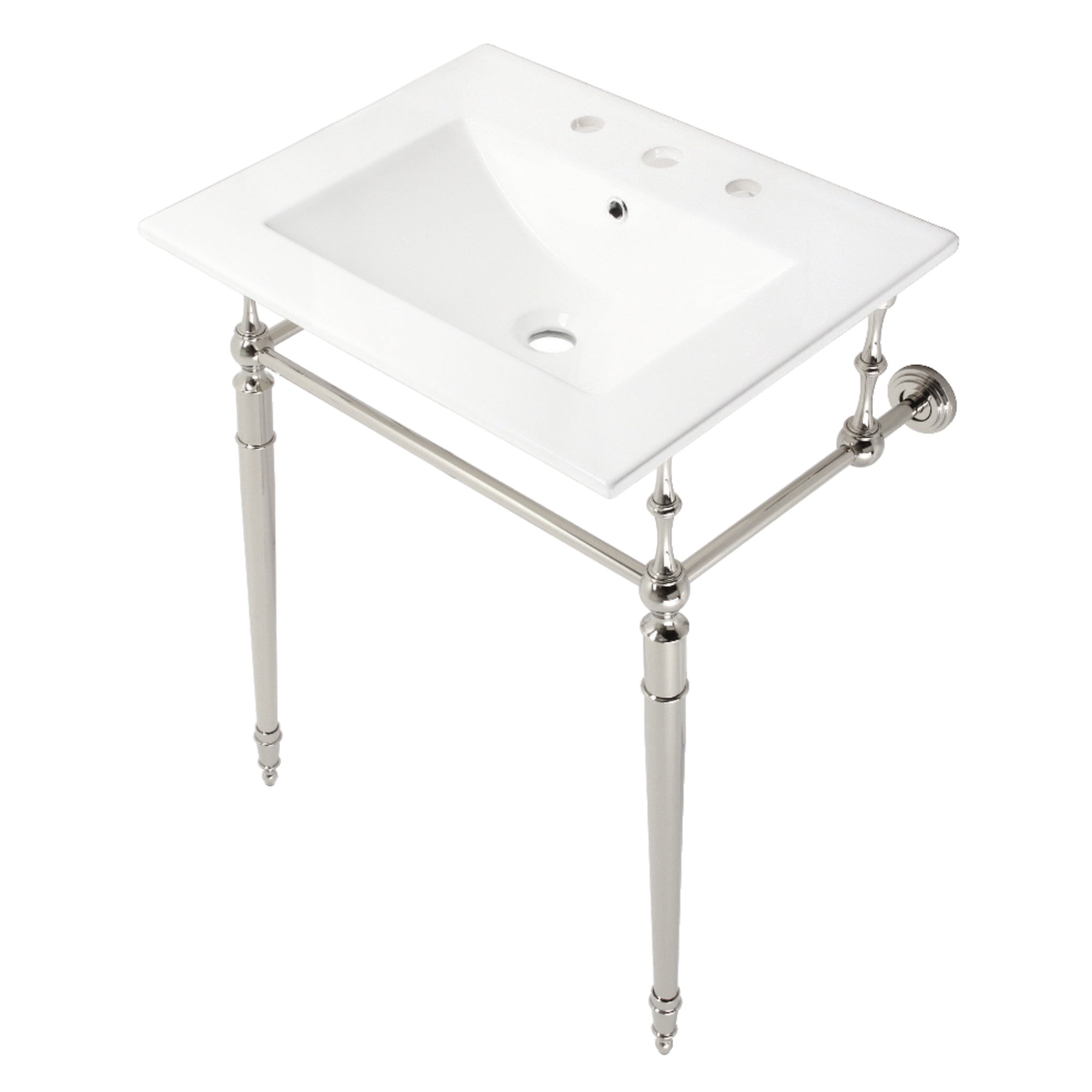 Edwardian 24-Inch White Ceramic Console Sink with Polished Nickel Brass Legs