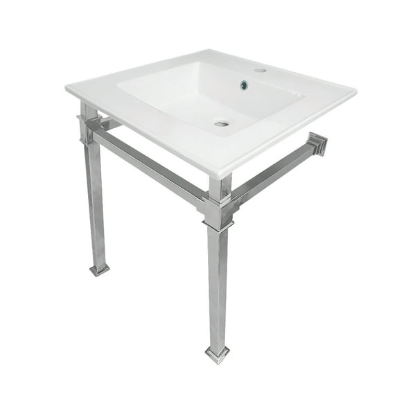 Kingston Brass KVPB25221Q1 Monarch 25" Ceramic Console Sink with Stainless Steel Legs (1-Hole), White/Polished Chrome