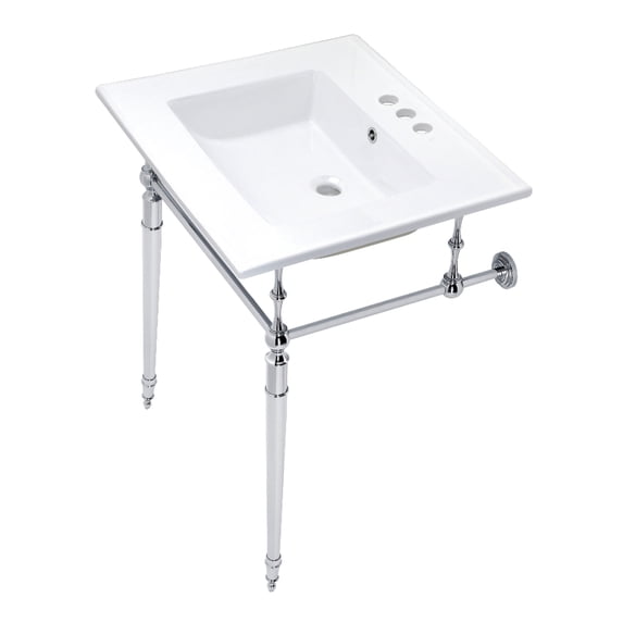 Kingston Brass KVPB25227W4CP Edwardian 25" Ceramic Console Sink with Brass Legs (4-Inch, 3-Hole), White/Polished Chrome