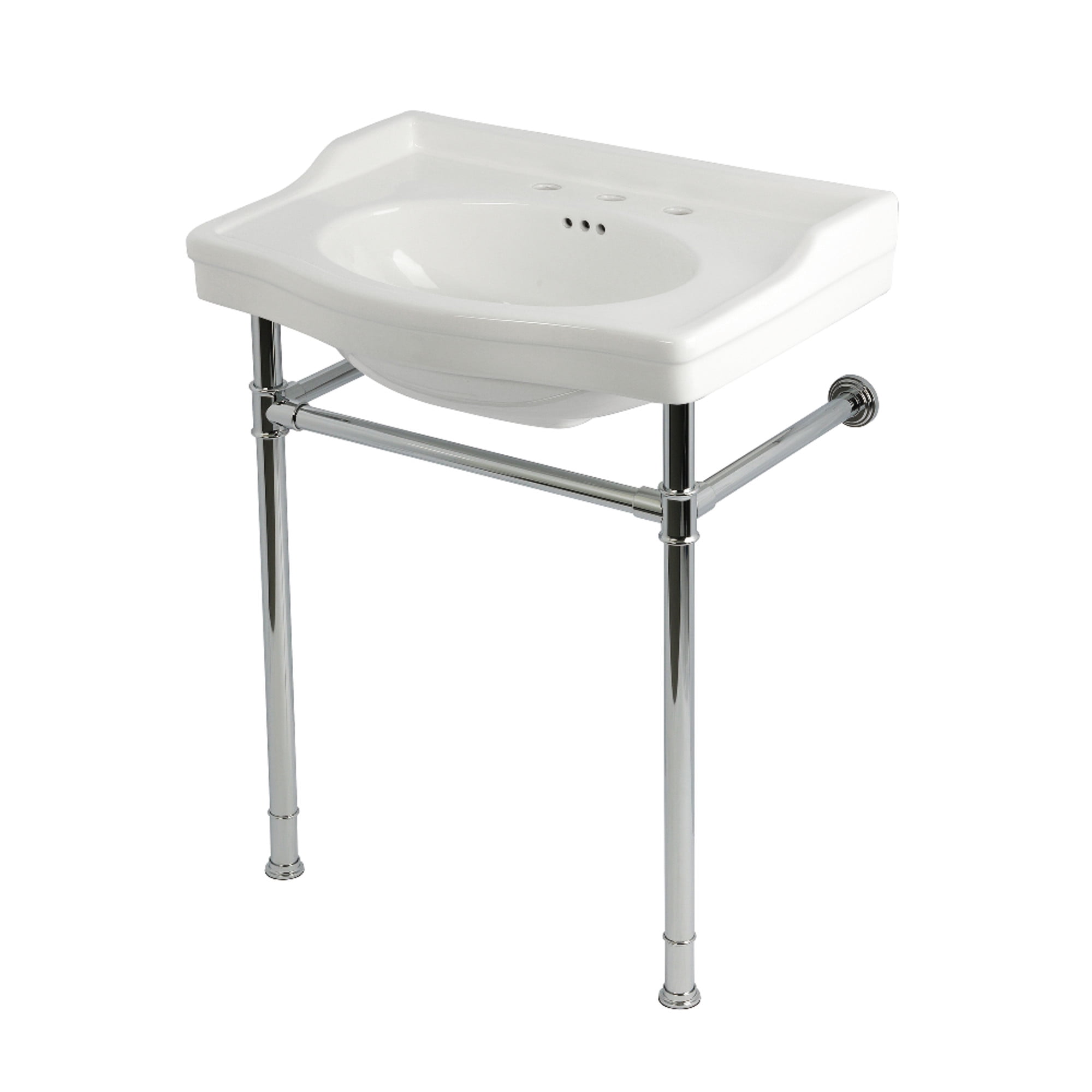 Kingston Brass KVPB30229W381 Victorian 30" Ceramic Console Sink with Stainless Steel Legs (8-Inch, 3-Hole), White/Polished Chrome