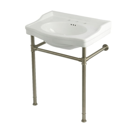 Kingston Brass KVPB30229W388 Victorian 30" Ceramic Console Sink with Stainless Steel Legs (8-Inch, 3-Hole), White/Brushed Nickel
