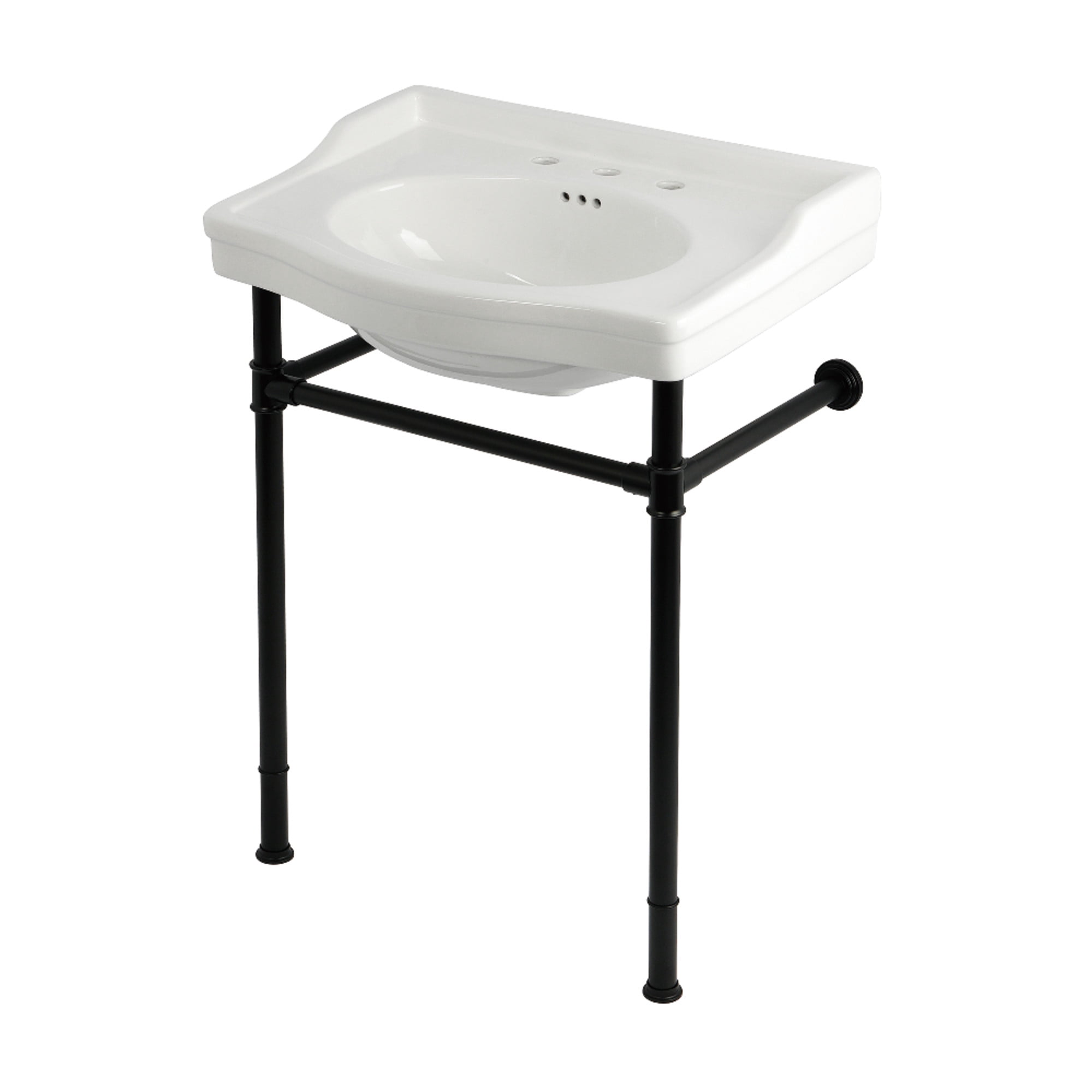 Kingston Brass KVPB30229W80 Victorian 30" Ceramic Console Sink with Stainless Steel Legs (8-Inch, 3-Hole), White/Matte Black