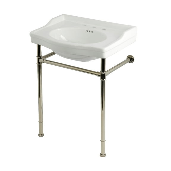 Kingston Brass KVPB30229W86 Victorian 30" Ceramic Console Sink with Stainless Steel Legs (8-Inch, 3-Hole), White/Polished Nickel
