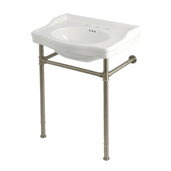 Kingston Brass KVPB30229W88 Victorian 30" Ceramic Console Sink with Stainless Steel Legs (8-Inch, 3-Hole), White/Brushed Nickel