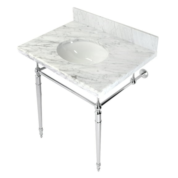 Kingston Brass KVPB3022M81 Edwardian 30" Carrara Marble Console Sink with Brass Legs (8-Inch, 3-Hole), Carrara Marble White/Polished Chrome