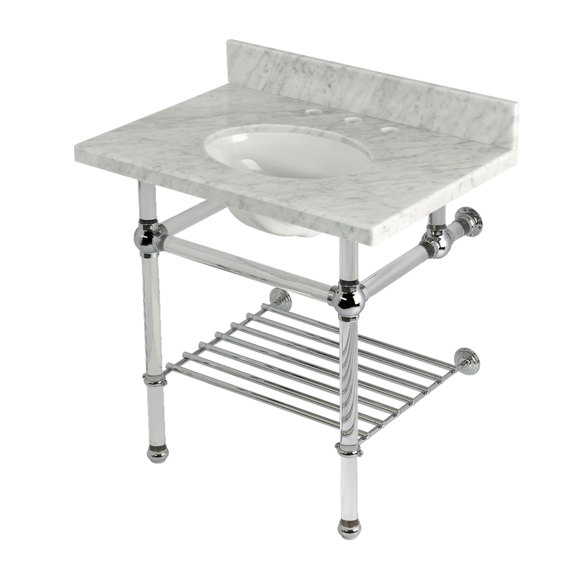 Kingston Brass KVPB3030MAB1 Templeton 30" Carrara Marble Console Sink with Acrylic Legs and Shelf (8-Inch, 3-Hole), Carrara Marble White/Polished Chrome