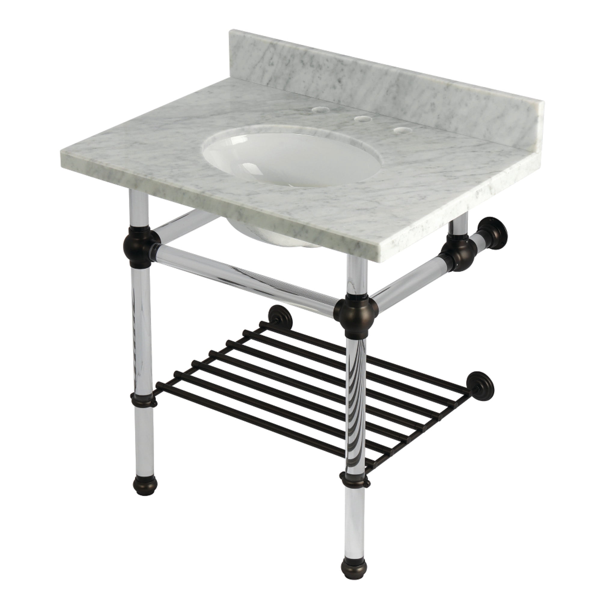 Kingston Brass KVPB3030MAB5 Templeton 30" Carrara Marble Console Sink with Acrylic Legs and Shelf (8-Inch, 3-Hole), Carrara Marble White/Oil Rubbed Bronze