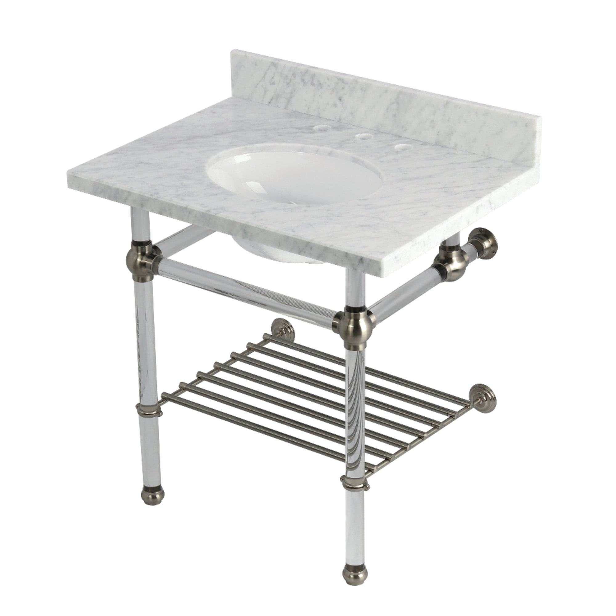 Kingston Brass KVPB3030MAB8 Templeton 30" Carrara Marble Console Sink with Acrylic Legs and Shelf (8-Inch, 3-Hole), Carrara Marble White/Brushed Nickel
