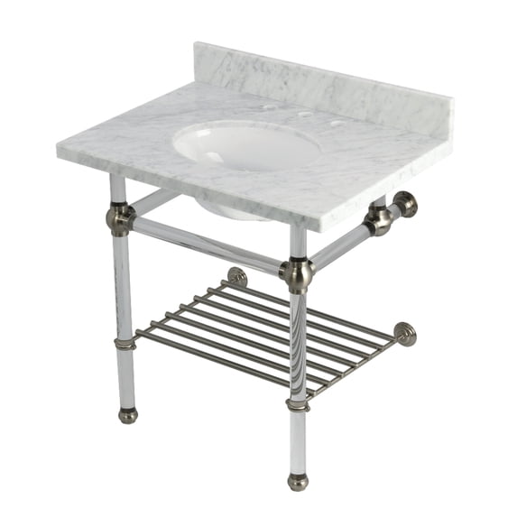 Kingston Brass KVPB3030MAB8 Templeton 30" Carrara Marble Console Sink with Acrylic Legs and Shelf (8-Inch, 3-Hole), Carrara Marble White/Brushed Nickel