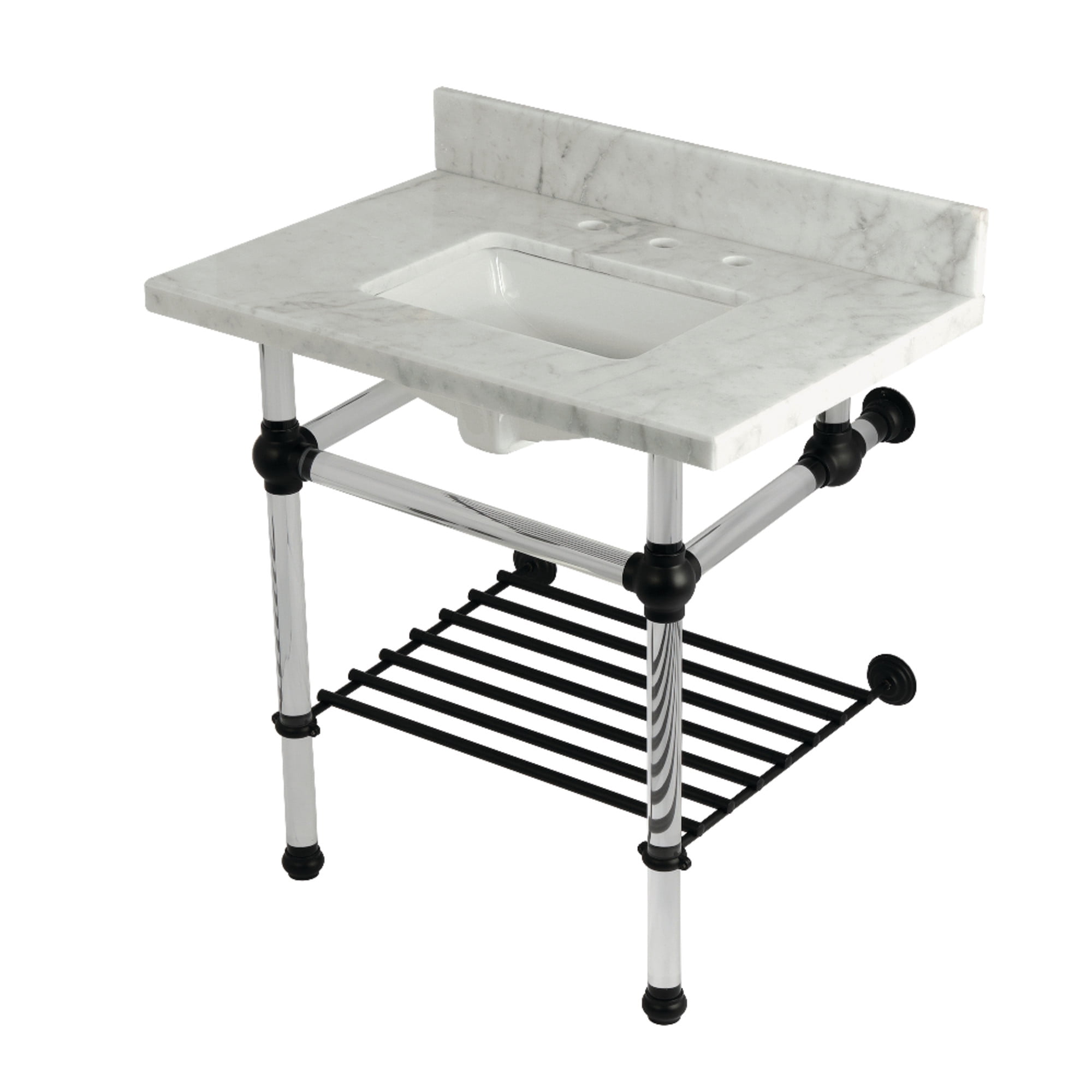 Kingston Brass KVPB3030MASQB0 Templeton 30" Carrara Marble Console Sink with Acrylic Legs and Shelf (8-Inch, 3-Hole), Carrara Marble White/Matte Black