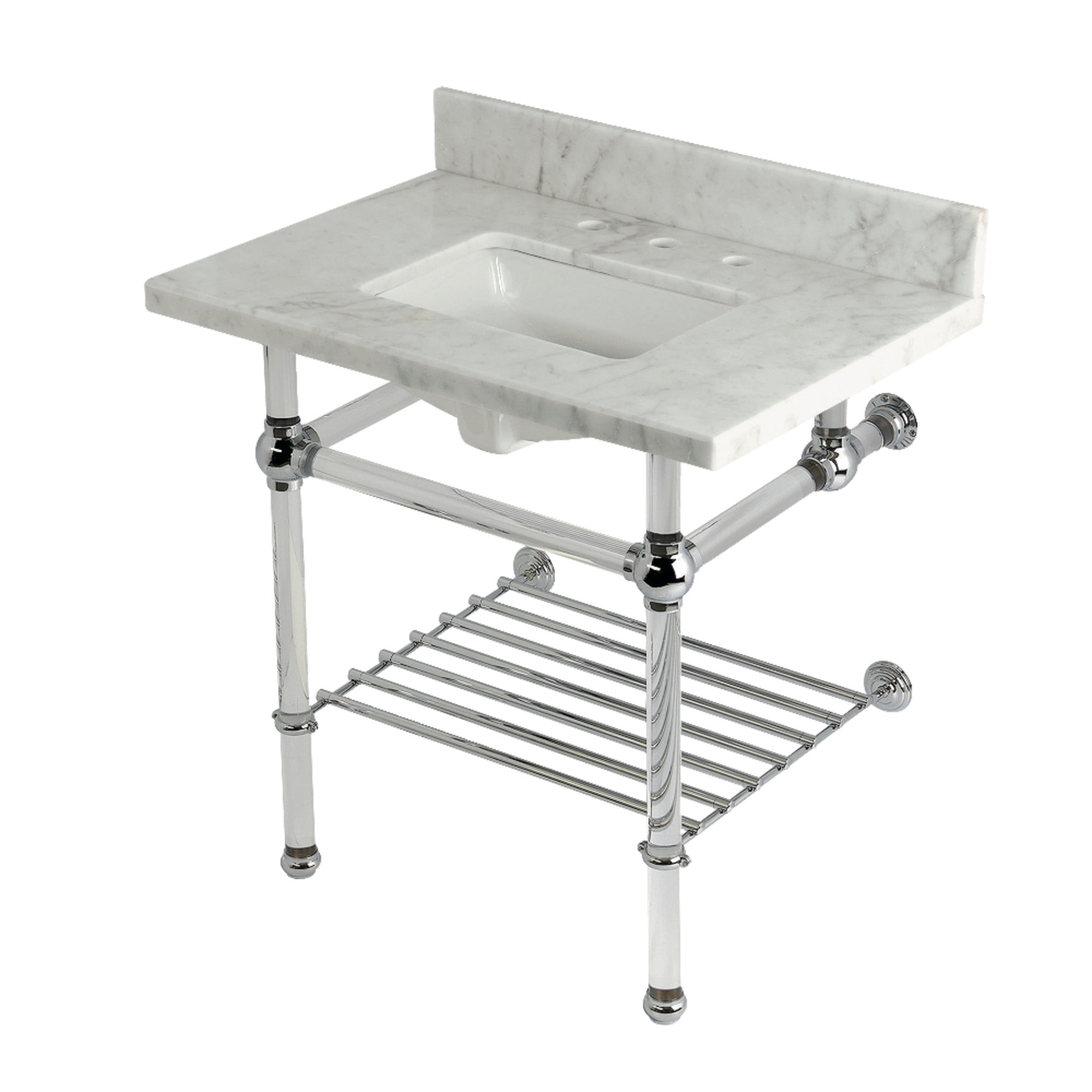 Kingston Brass KVPB3030MASQB1 Templeton 30" Carrara Marble Console Sink with Acrylic Legs and Shelf (8-Inch, 3-Hole), Carrara Marble White/Polished Chrome