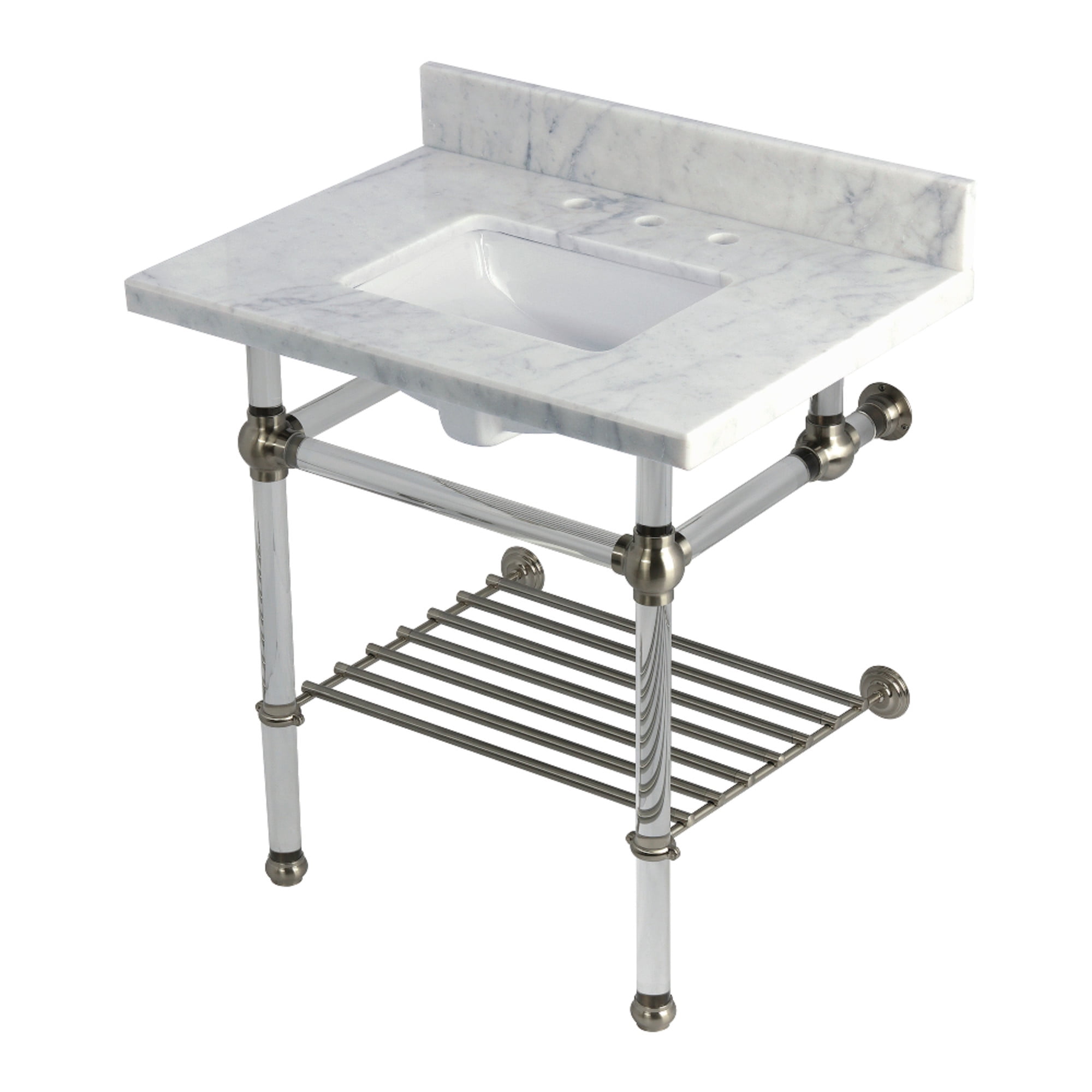 Kingston Brass KVPB3030MASQB8 Templeton 30" Carrara Marble Console Sink with Acrylic Legs and Shelf (8-Inch, 3-Hole), Carrara Marble White/Brushed Nickel