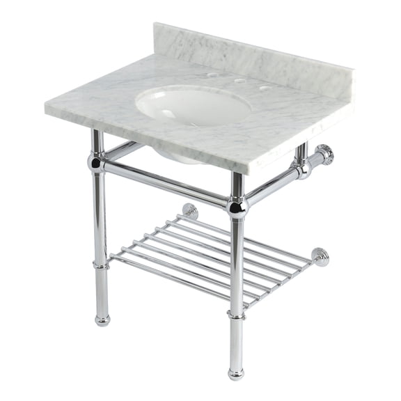 Kingston Brass KVPB3030MBB1 Templeton 30" Carrara Marble Console Sink with Brass Legs and Shelf (8-Inch, 3-Hole), Carrara Marble White/Polished Chrome