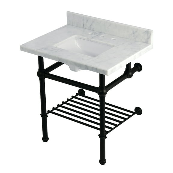 Kingston Brass KVPB3030MBSQB0 Templeton 30" Carrara Marble Console Sink with Brass Legs and Shelf (8-Inch, 3-Hole), Carrara Marble White/Matte Black