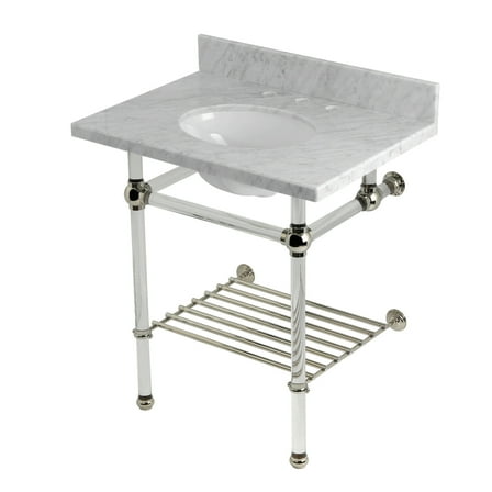 Kingston Brass KVPB30MAB6 Templeton 30" Carrara Marble Console Sink with Acrylic Legs and Shelf (8-Inch, 3-Hole), Carrara Marble White/Polished Nickel
