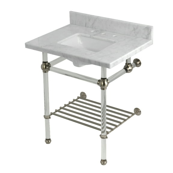 Kingston Brass KVPB30MASQB8 Templeton 30" Carrara Marble Console Sink with Acrylic Legs and Shelf (8-Inch, 3-Hole), Carrara Marble White/Brushed Nickel