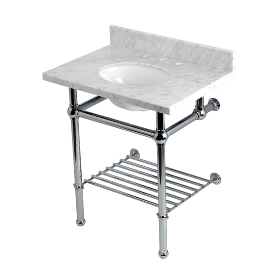 Kingston Brass KVPB30MBB1 Templeton 30-Inch Carrara Marble Console Sink with Brass Legs and Shelf (8-Inch, 3-Hole) in Carrara Marble White/Polished Chrome