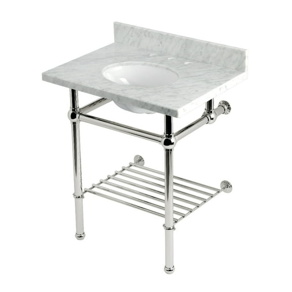 Kingston Brass KVPB30MBB6 Templeton 30-Inch Carrara Marble Console Sink with Brass Legs and Shelf (8-Inch, 3-Hole) in Carrara Marble White/Polished Nickel