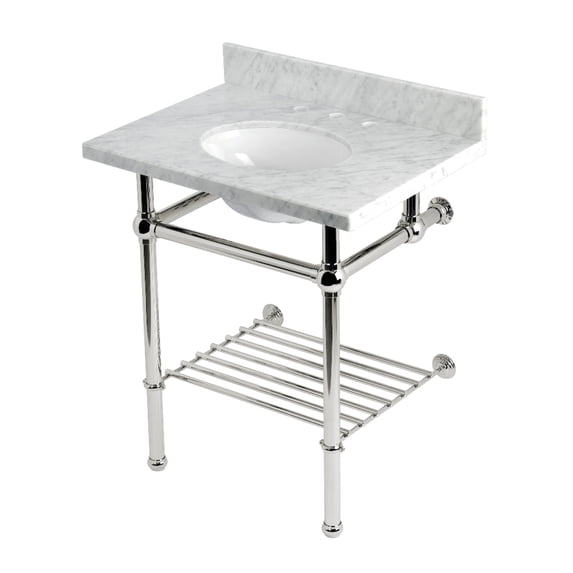Kingston Brass KVPB30MBB6 Templeton 30-Inch Carrara Marble Console Sink with Brass Legs and Shelf (8-Inch, 3-Hole) in Carrara Marble White/Polished Nickel