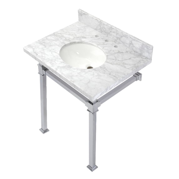 Kingston Brass KVPB30MOQ1 Monarch 30" Carrara Marble Console Sink with Stainless Steel Legs (8-Inch, 3-Hole), Carrara Marble White/Polished Chrome