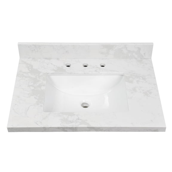 Kingston Brass KVPB3122W38CR Ferrara 31" x 22" Quartz Vanity Top with Rectangular Sink (8" Faucet Drillings), Quartz White