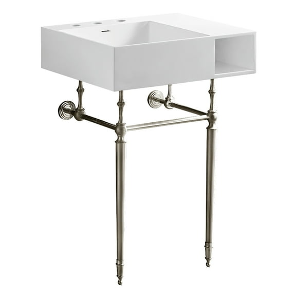 Kingston Brass KVPB3248SQA6 Aurelius 24-Inch Solid Surface Console Sink with Brass Legs (8-Inch, 3-Hole) in Matte White/Polished Nickel