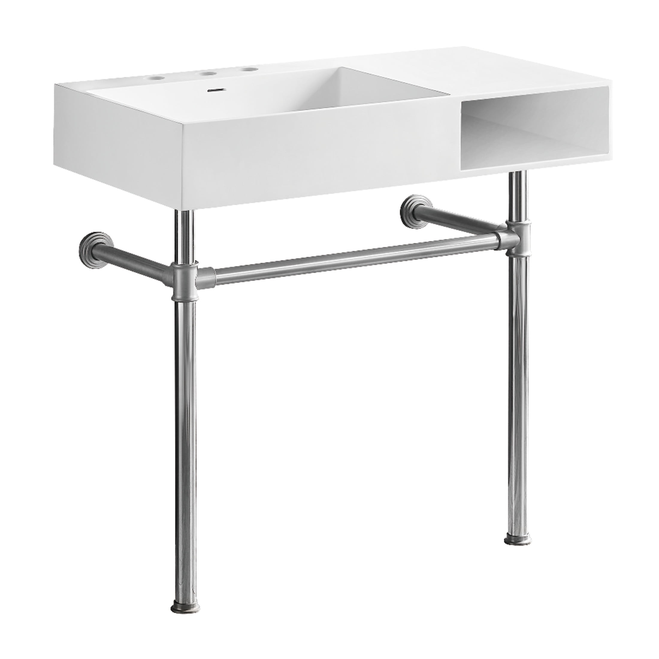 Kingston Brass KVPB3368SQA1 Aurelius 36-Inch Solid Surface Console Sink with Stainless Steel Legs (8-Inch, 3-Hole) in Matte White/Polished Chrome
