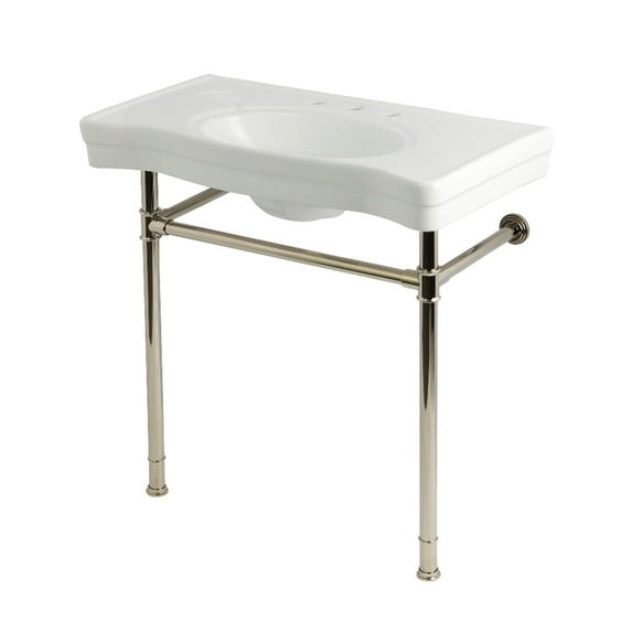 Kingston Brass KVPB36198W386 Imperial 36" Ceramic Console Sink with Stainless Steel Legs (8-Inch, 3-Hole), White/Polished Nickel