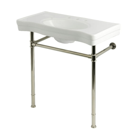 Kingston Brass KVPB36198W86 Imperial 36" Ceramic Console Sink with Stainless Steel Legs (8-Inch, 3-Hole), White/Polished Nickel