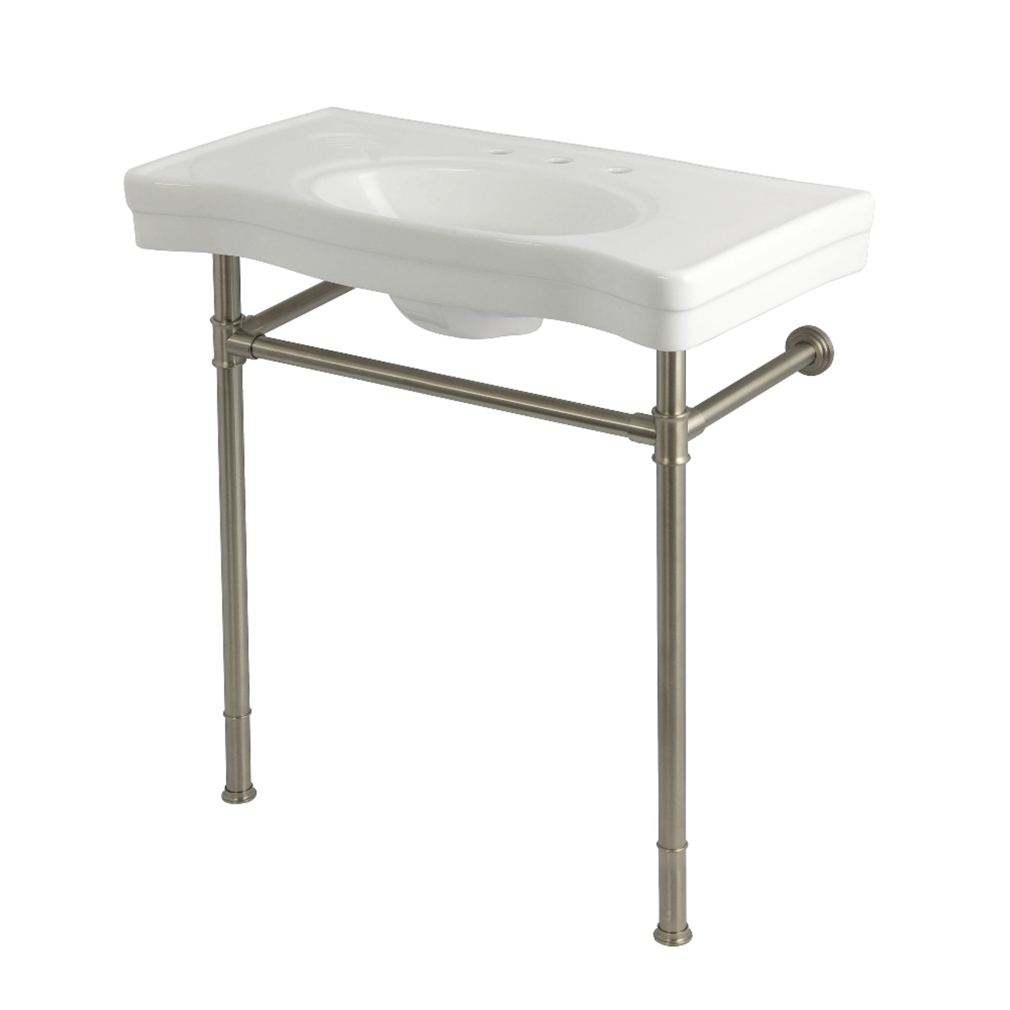 Kingston Brass KVPB36198W88 Imperial 36" Ceramic Console Sink with Stainless Steel Legs (8-Inch, 3-Hole), White/Brushed Nickel