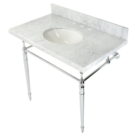 Kingston Brass KVPB3622M81 Edwardian 36" Carrara Marble Console Sink with Brass Legs (8-Inch, 3-Hole), Carrara Marble White/Polished Chrome