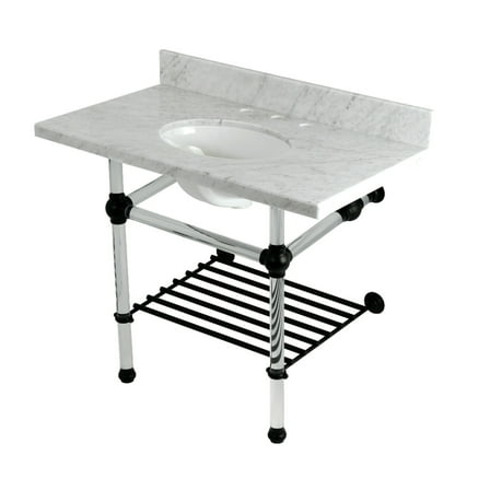 Kingston Brass KVPB3630MAB0 Templeton 36" Carrara Marble Console Sink with Acrylic Legs and Shelf (8-Inch, 3-Hole), Carrara Marble White/Matte Black