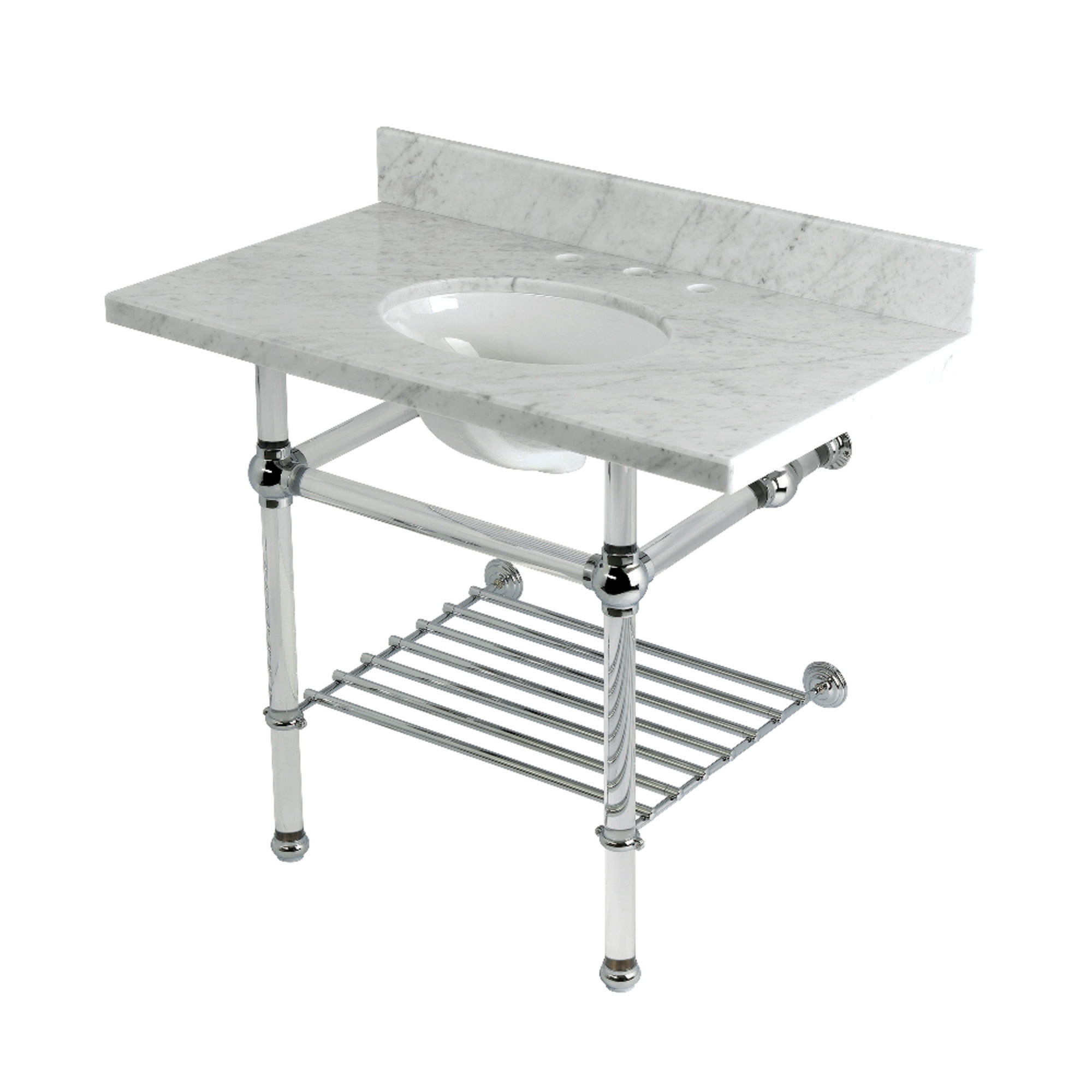 Kingston Brass KVPB3630MAB1 Templeton 36" Carrara Marble Console Sink with Acrylic Legs and Shelf (8-Inch, 3-Hole), Carrara Marble White/Polished Chrome