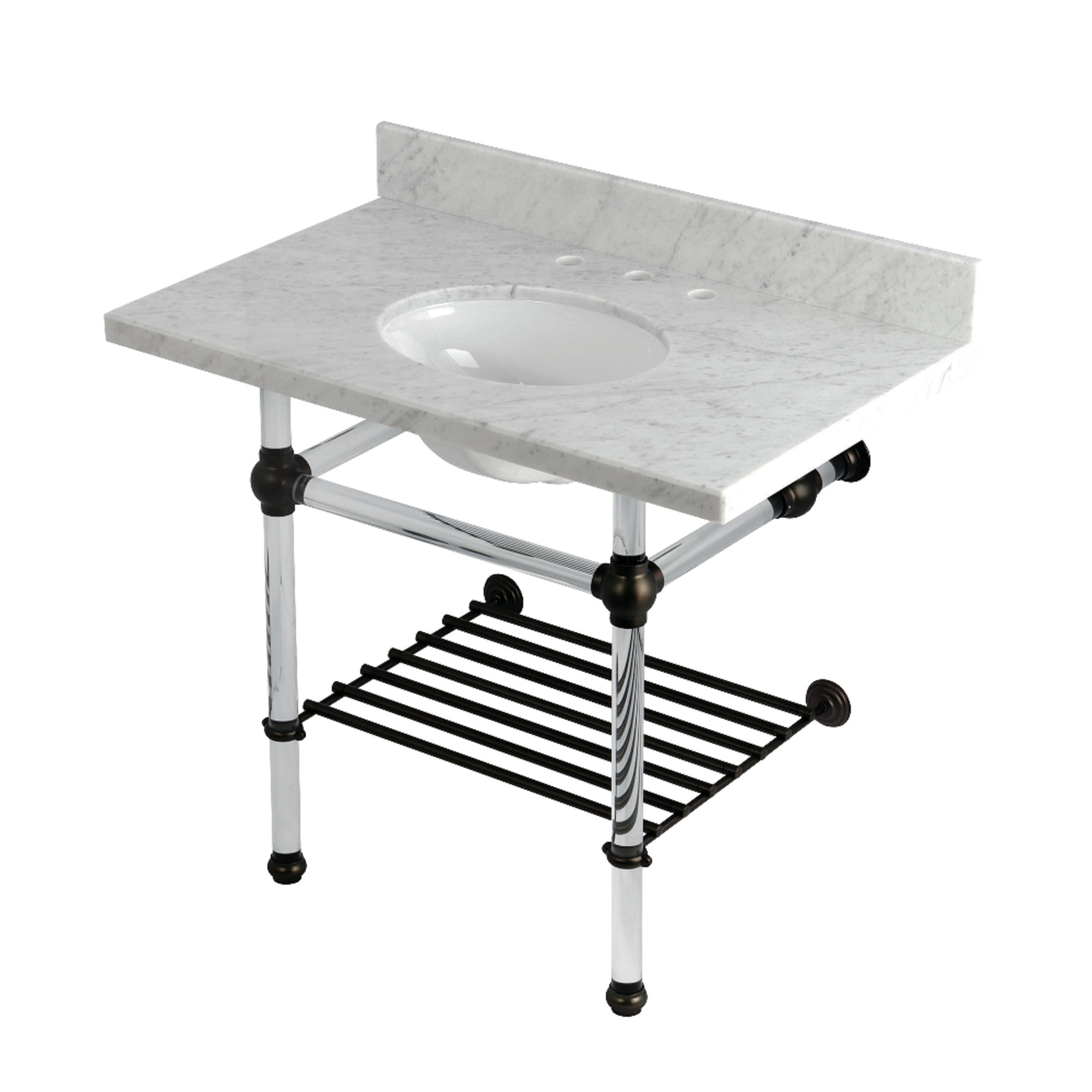 Kingston Brass KVPB3630MAB5 Templeton 36" Carrara Marble Console Sink with Acrylic Legs and Shelf (8-Inch, 3-Hole), Carrara Marble White/Oil Rubbed Bronze