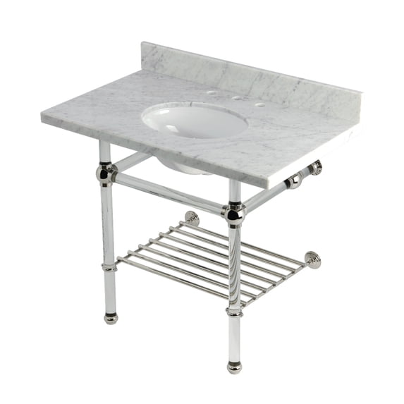Kingston Brass KVPB3630MAB6 Templeton 36" Carrara Marble Console Sink with Acrylic Legs and Shelf (8-Inch, 3-Hole), Carrara Marble White/Polished Nickel